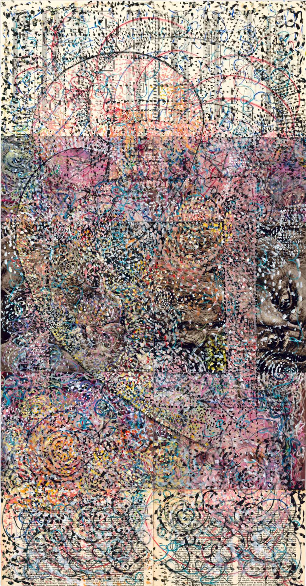Mäander N° 4, 2010, auf Seiten aus Freskobildnisse der Frührenaissance und Notenblätter, 100 x 52 cm, Roucka 29