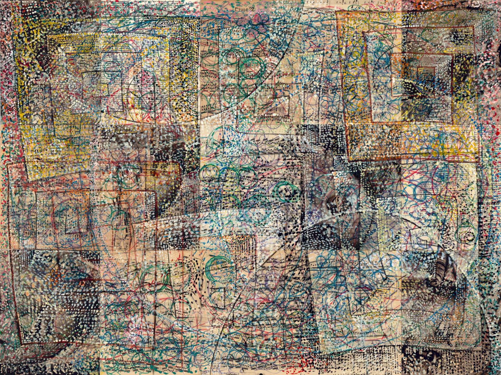Mäander N° 5, 2010, auf Seiten aus Freskobildnisse der Frührenaissance und Notenblätter, 75 x 100 cm, Roucka 31