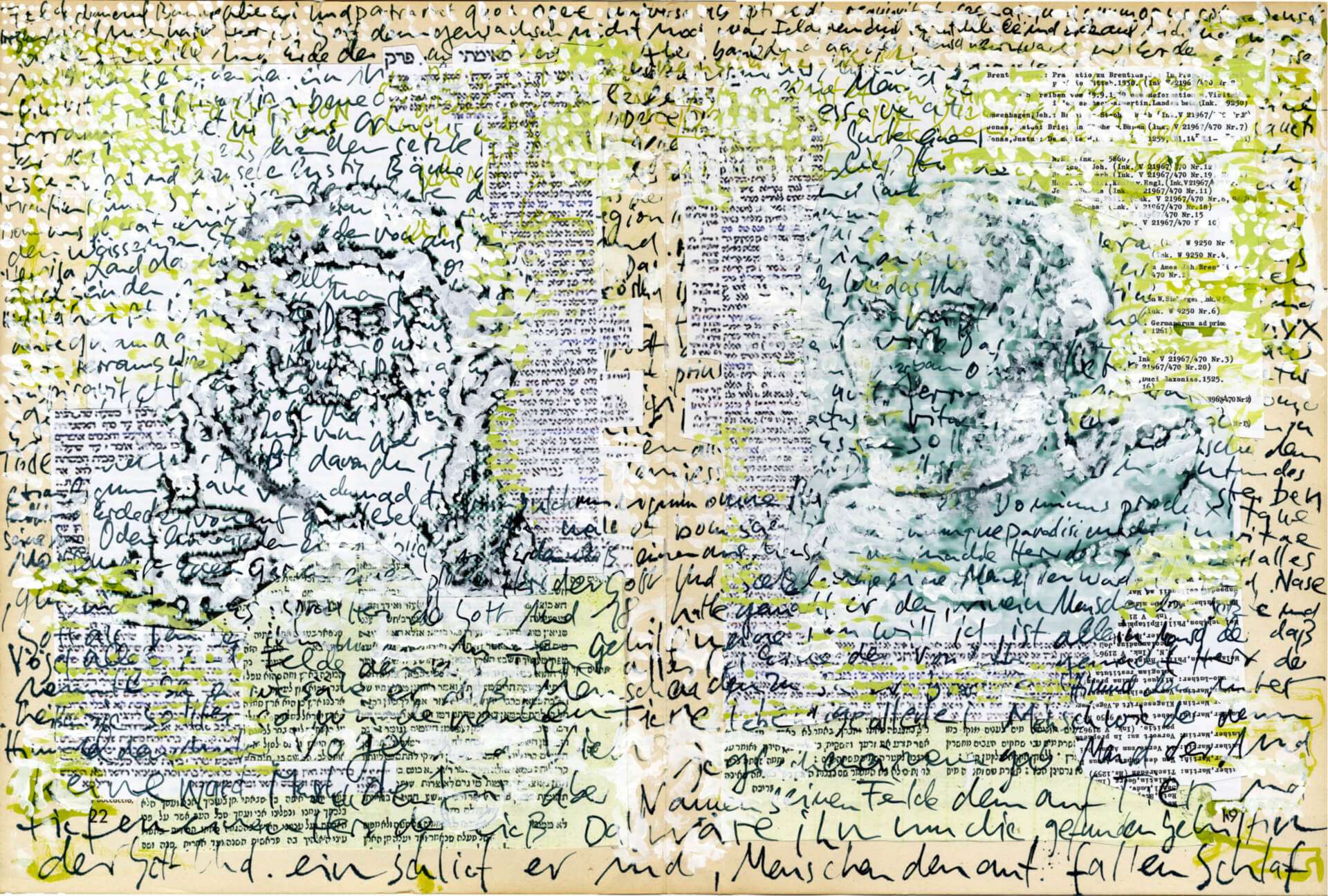Raschi-Luther Augenhöhe, 2011, Bildbasis Doppelblatt aus Freskobildnisse der Frührenaissance, 36 x 54 cm, Roucka 57 (Standort: Jüdisches Museum Worms)