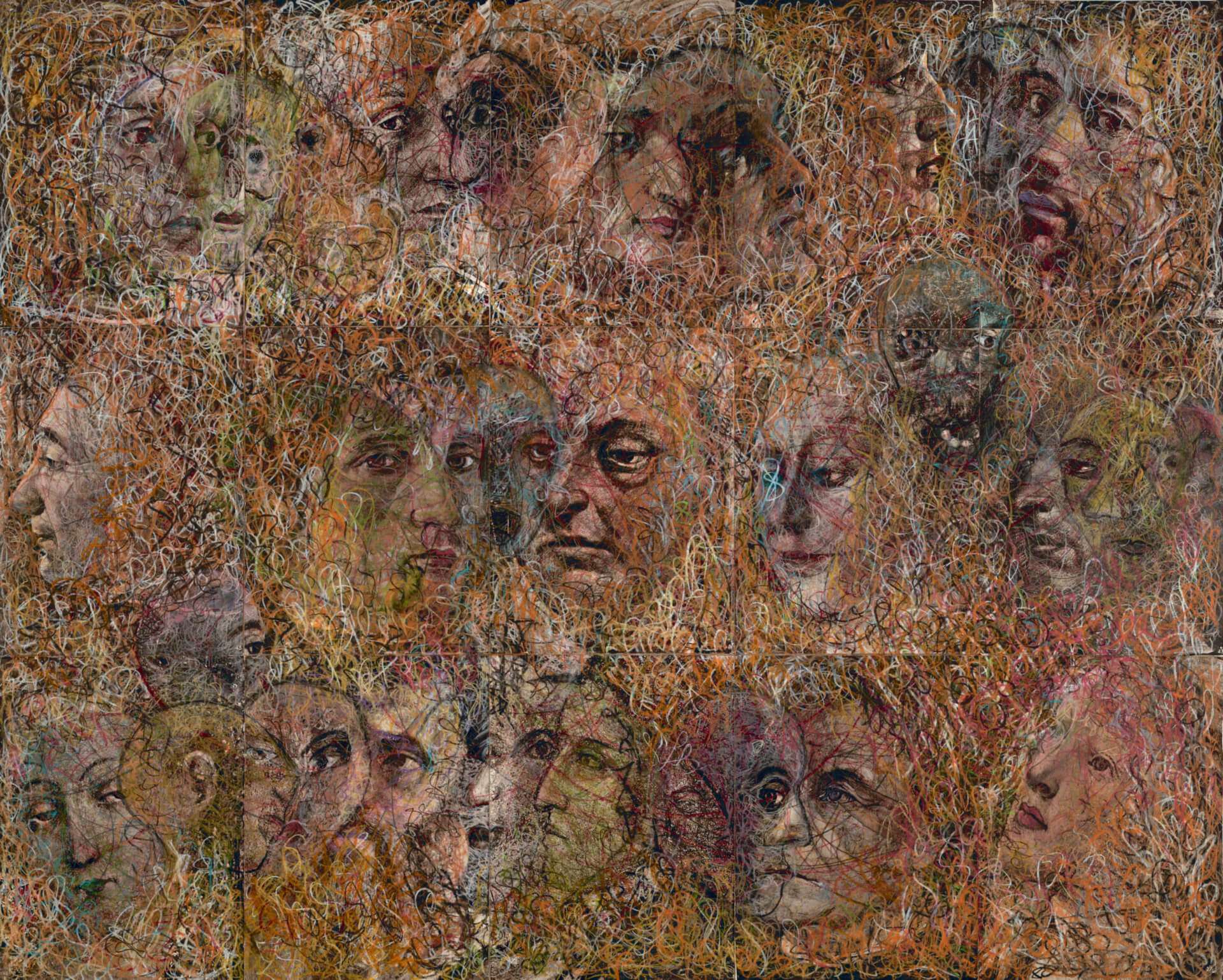 „Fresko“-Übermalung N° 1, 2007, Wachskreide auf 15 Seiten Freskobildnisse der Frührenaissance, 106 x 135 cm, Roucka 06