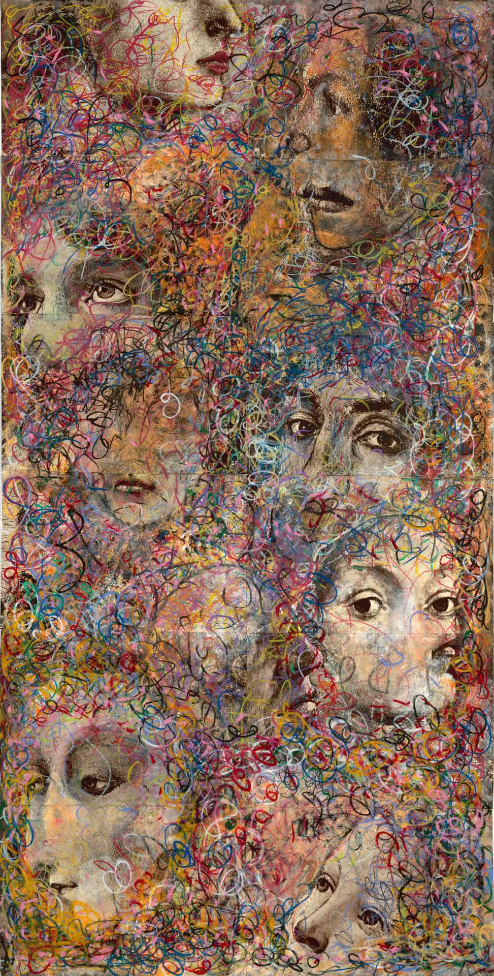 „Fresko“-Übermalung N° 5, 2009, Wachskreide auf 15 Seiten aus Freskobildnisse der Frührenaissance, 93 x 52 cm, Roucka 07